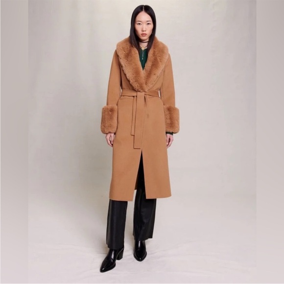 Maje Jackets & Blazers - Maje Elegant Tan Fur-Trimmed Women's Coat